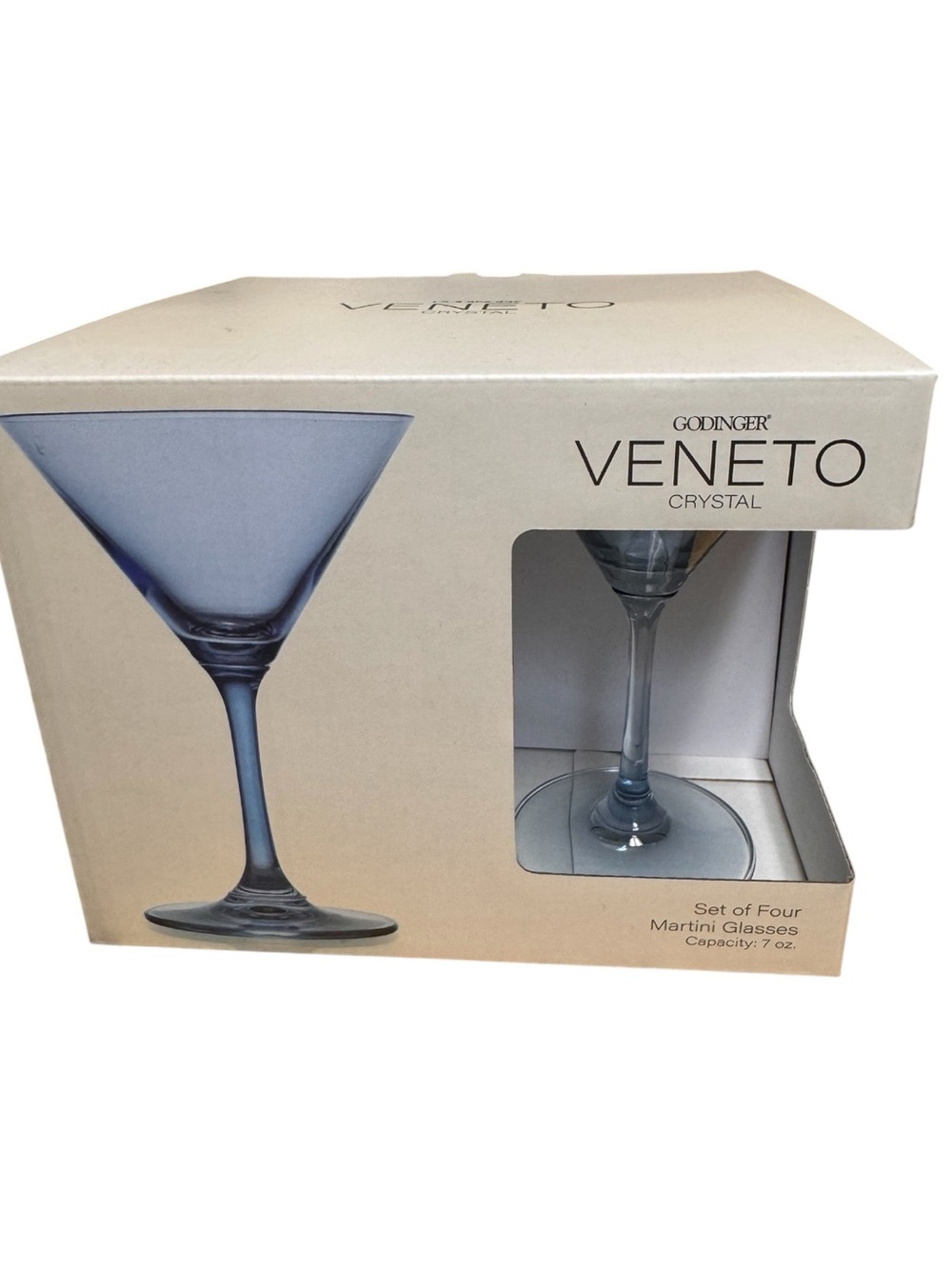 NIB Godinger 4 PC Blue Veneto Crystal Martini Glass Set